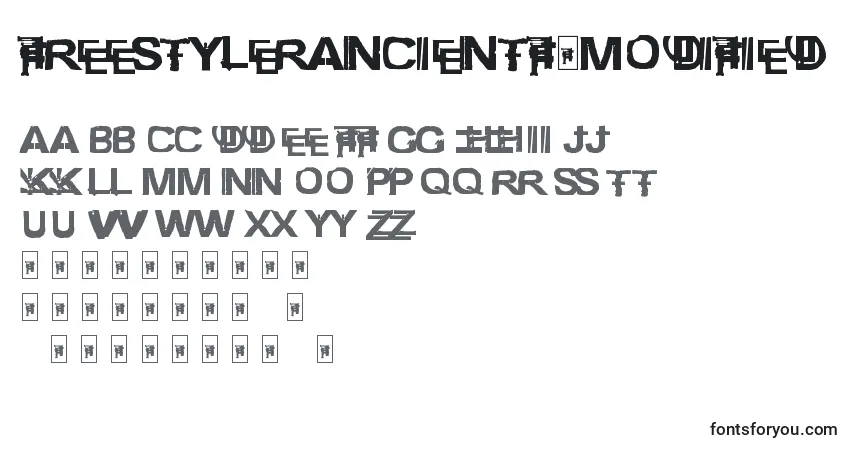 A fonte FreestylerAncientF6modified – alfabeto, números, caracteres especiais