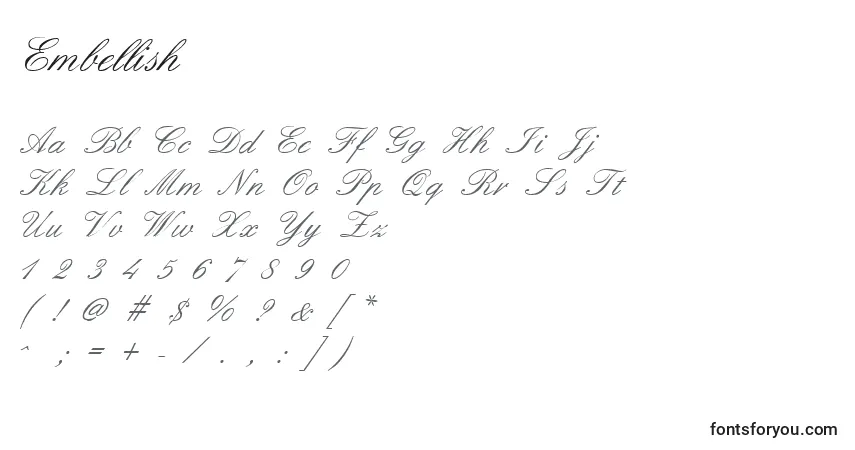 A fonte Embellish – alfabeto, números, caracteres especiais