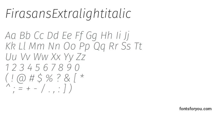 Czcionka FirasansExtralightitalic – alfabet, cyfry, specjalne znaki