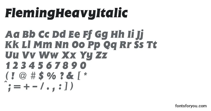 Czcionka FlemingHeavyItalic – alfabet, cyfry, specjalne znaki