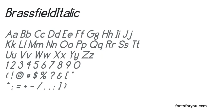 Шрифт BrassfieldItalic – алфавит, цифры, специальные символы