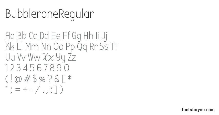 A fonte BubbleroneRegular – alfabeto, números, caracteres especiais