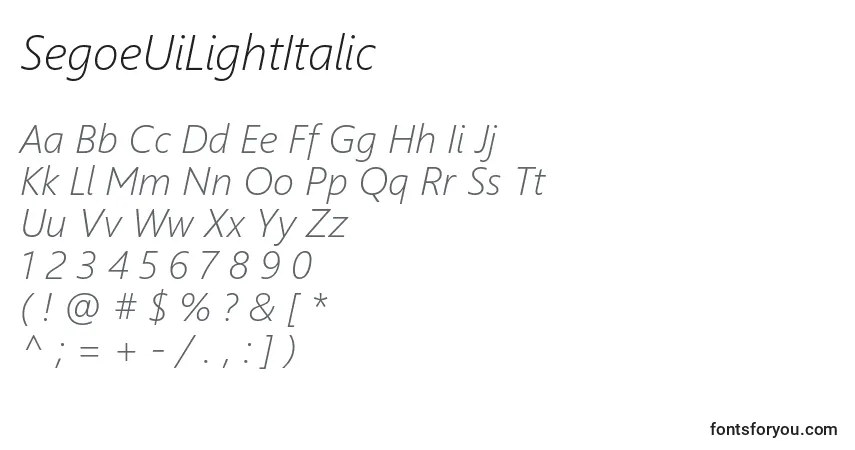 A fonte SegoeUiLightItalic – alfabeto, números, caracteres especiais