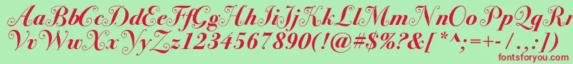 Bodoni72swashcBold-Schriftart – Rote Schriften auf grünem Hintergrund