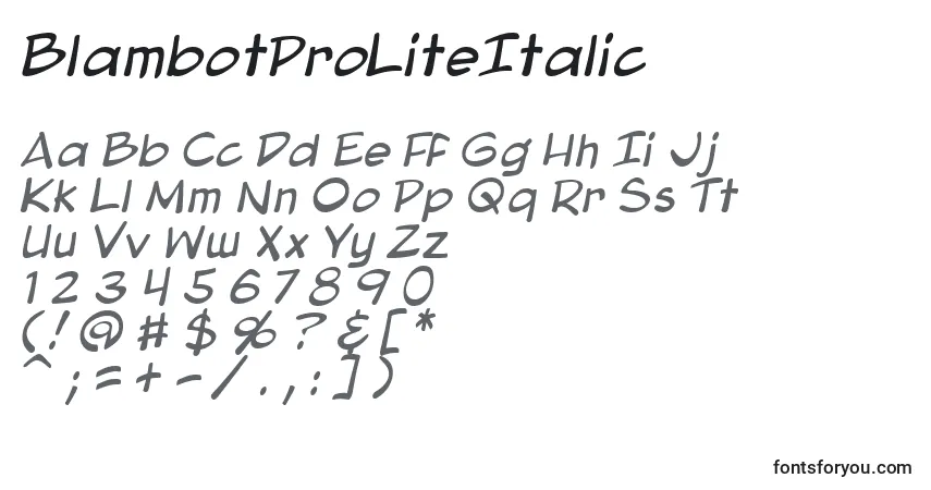 Шрифт BlambotProLiteItalic – алфавит, цифры, специальные символы
