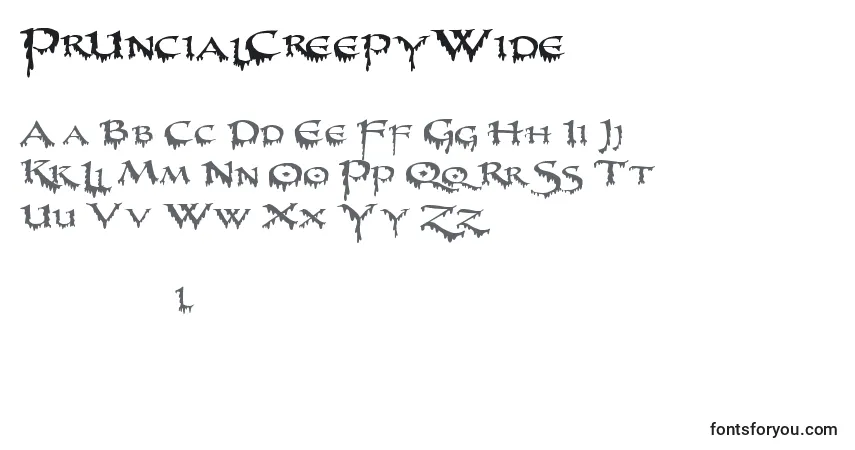 Czcionka PrUncialCreepyWide – alfabet, cyfry, specjalne znaki