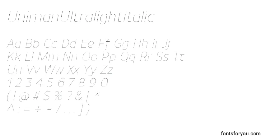 Czcionka UnimanUltralightitalic – alfabet, cyfry, specjalne znaki