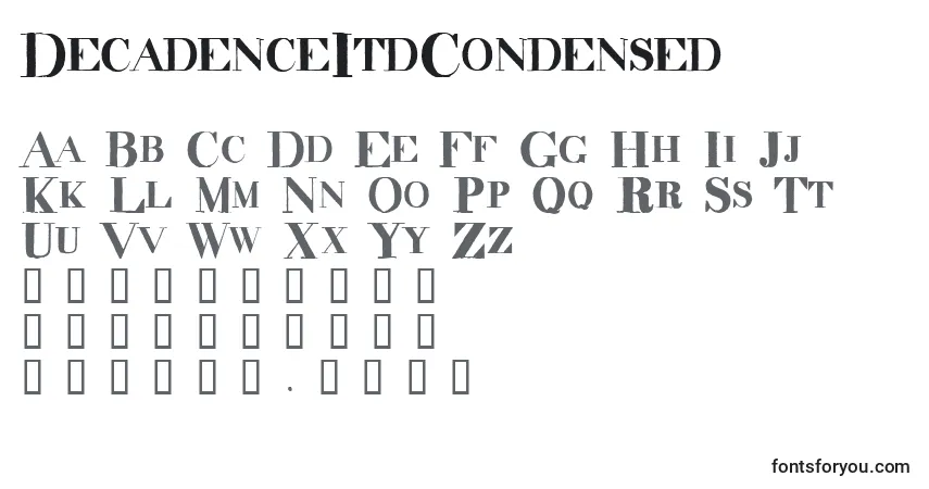 A fonte DecadenceItdCondensed – alfabeto, números, caracteres especiais