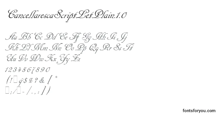 A fonte CancellarescaScriptLetPlain.1.0 – alfabeto, números, caracteres especiais