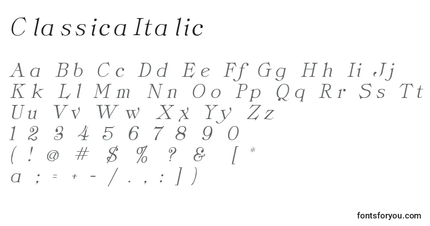 A fonte ClassicaItalic – alfabeto, números, caracteres especiais