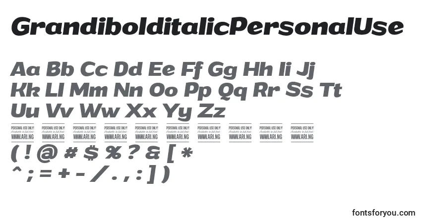 Schriftart GrandibolditalicPersonalUse – Alphabet, Zahlen, spezielle Symbole