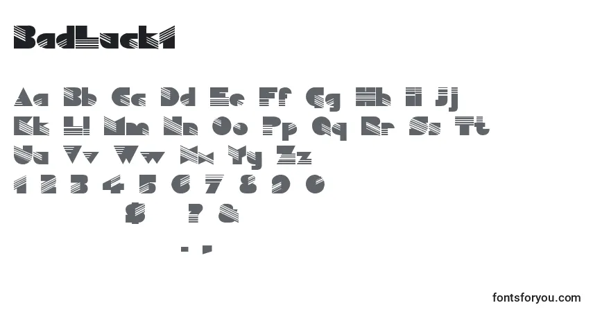 A fonte BadLuck1 – alfabeto, números, caracteres especiais