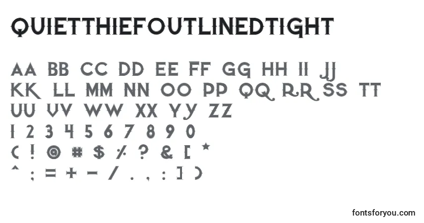 Czcionka Quietthiefoutlinedtight – alfabet, cyfry, specjalne znaki