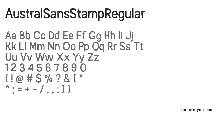 Czcionka AustralSansStampRegular – alfabet, cyfry, specjalne znaki