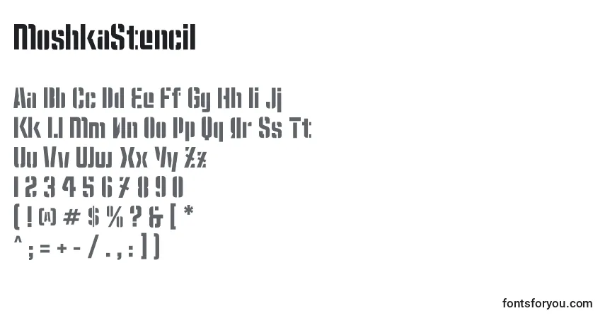 MoshkaStencil-fontti – aakkoset, numerot, erikoismerkit