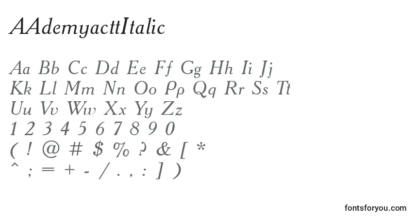 Schriftart AAdemyacttItalic – Alphabet, Zahlen, spezielle Symbole