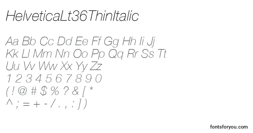 A fonte HelveticaLt36ThinItalic – alfabeto, números, caracteres especiais