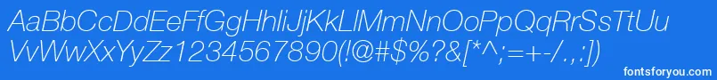 HelveticaLt36ThinItalic-Schriftart – Weiße Schriften auf blauem Hintergrund