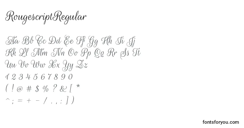 Schriftart RougescriptRegular – Alphabet, Zahlen, spezielle Symbole