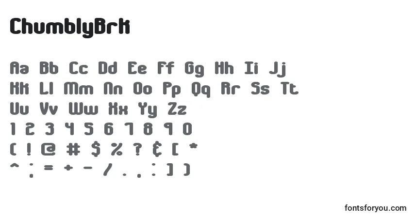 Czcionka ChumblyBrk – alfabet, cyfry, specjalne znaki