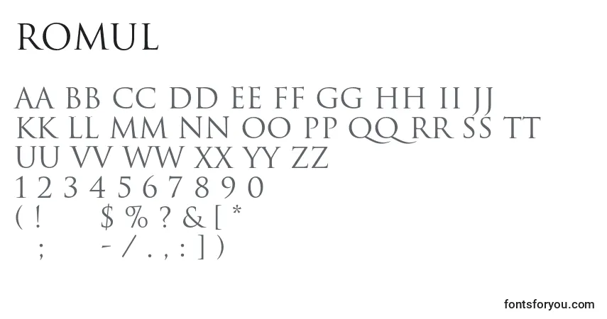 A fonte Romul – alfabeto, números, caracteres especiais