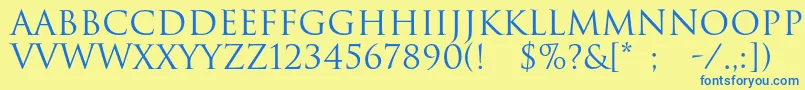 フォントRomul – 青い文字が黄色の背景にあります。