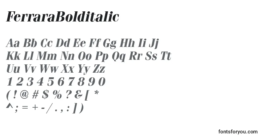 Шрифт FerraraBolditalic – алфавит, цифры, специальные символы