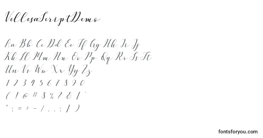 Czcionka VellesaScriptDemo – alfabet, cyfry, specjalne znaki