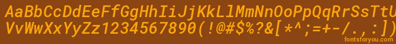 RobotomonoMediumitalicフォントについての詳細 フォントRobotomonoMediumitalic – オレンジ色の文字が茶色の背景にあります。