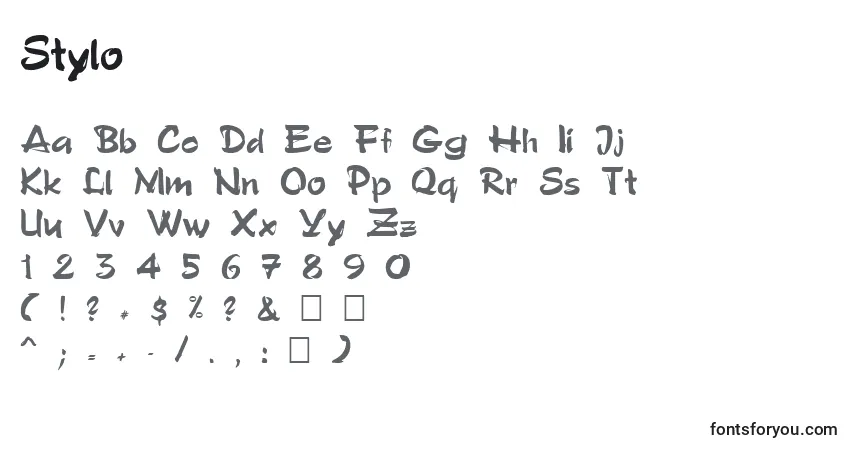 Czcionka Stylo – alfabet, cyfry, specjalne znaki