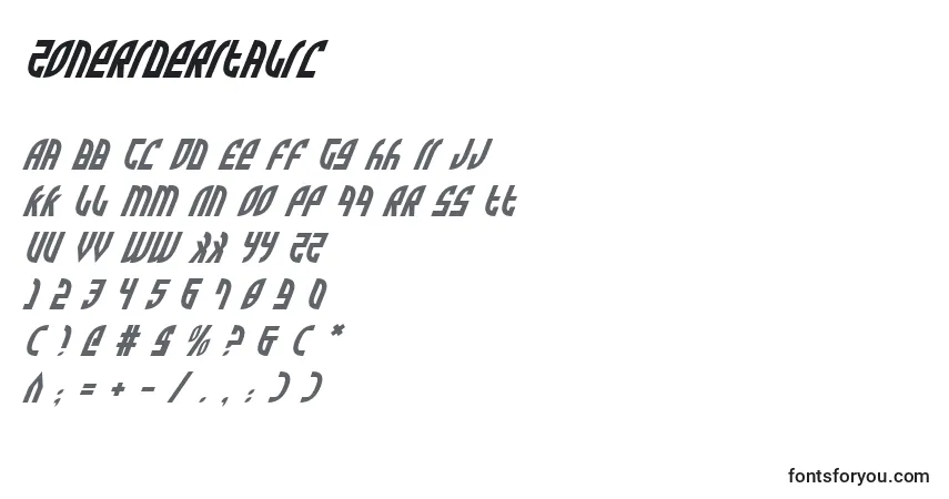 A fonte ZoneRiderItalic – alfabeto, números, caracteres especiais