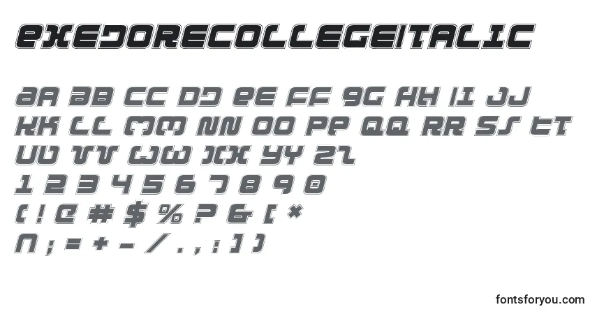 Шрифт ExedoreCollegeItalic – алфавит, цифры, специальные символы