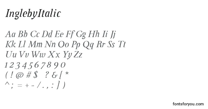 Шрифт InglebyItalic – алфавит, цифры, специальные символы