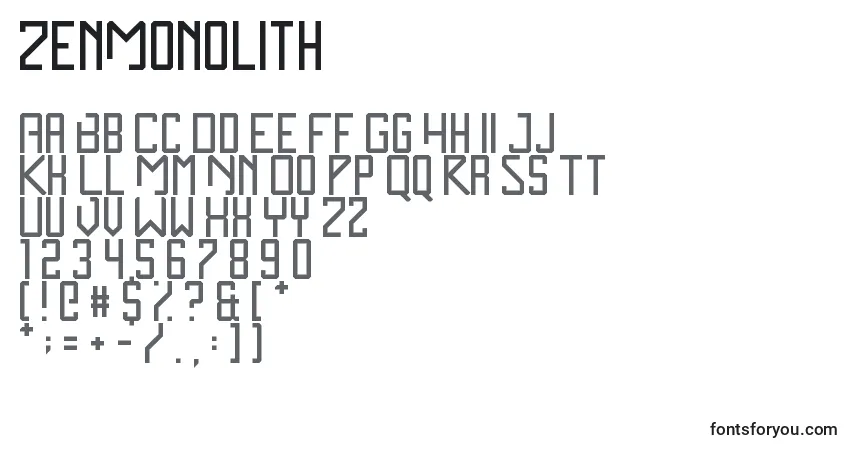 Czcionka ZenMonolith – alfabet, cyfry, specjalne znaki