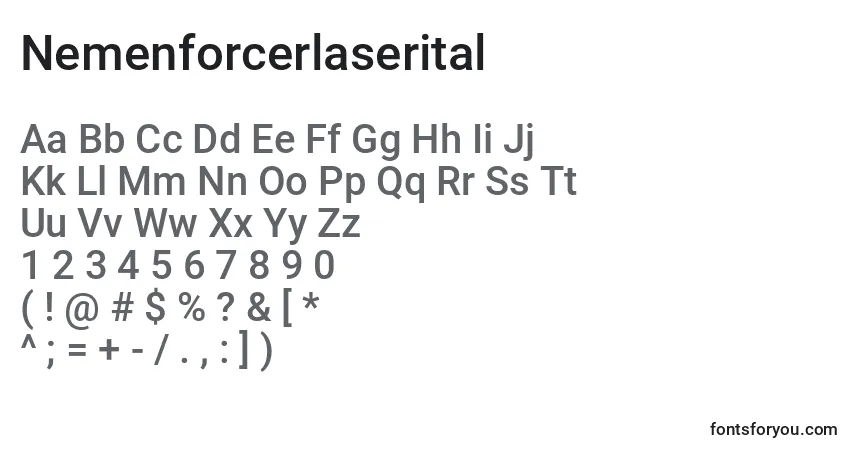 Czcionka Nemenforcerlaserital – alfabet, cyfry, specjalne znaki