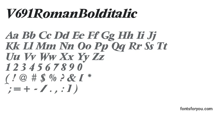 A fonte V691RomanBolditalic – alfabeto, números, caracteres especiais