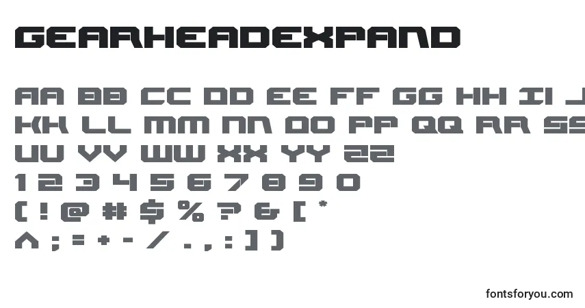Schriftart Gearheadexpand – Alphabet, Zahlen, spezielle Symbole