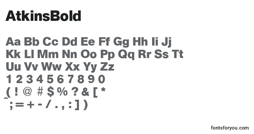 Czcionka AtkinsBold – alfabet, cyfry, specjalne znaki