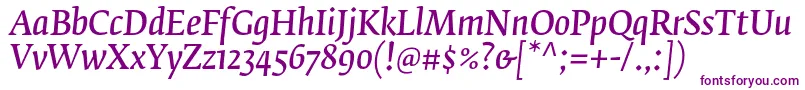 FedraserifbproNormalitalic-Schriftart – Violette Schriften auf weißem Hintergrund