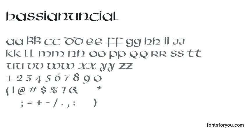Czcionka Hassianuncial – alfabet, cyfry, specjalne znaki