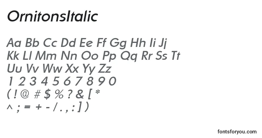 OrnitonsItalic-fontti – aakkoset, numerot, erikoismerkit