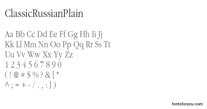 A fonte ClassicRussianPlain – alfabeto, números, caracteres especiais
