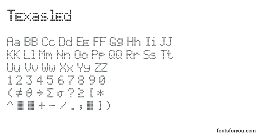 Czcionka Texasled – alfabet, cyfry, specjalne znaki