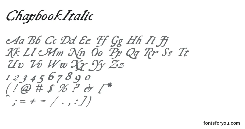 Czcionka ChapbookItalic – alfabet, cyfry, specjalne znaki