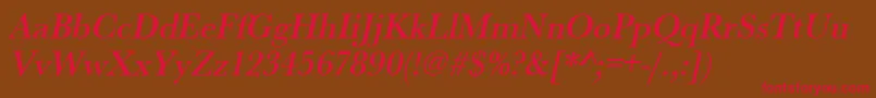フォントUrwbaskertmednarOblique – 赤い文字が茶色の背景にあります。