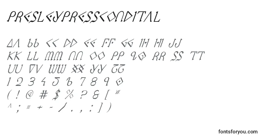 Schriftart PresleyPressCondital – Alphabet, Zahlen, spezielle Symbole