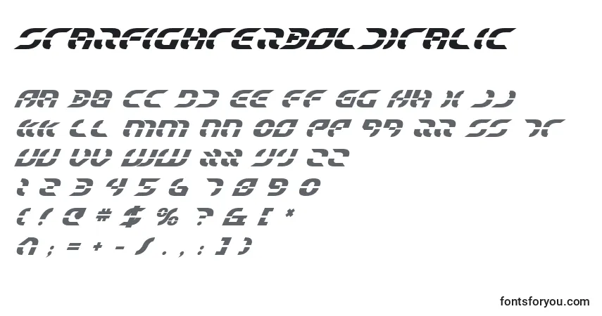 Шрифт StarfighterBoldItalic – алфавит, цифры, специальные символы