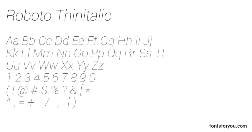 A fonte Roboto Thinitalic – alfabeto, números, caracteres especiais