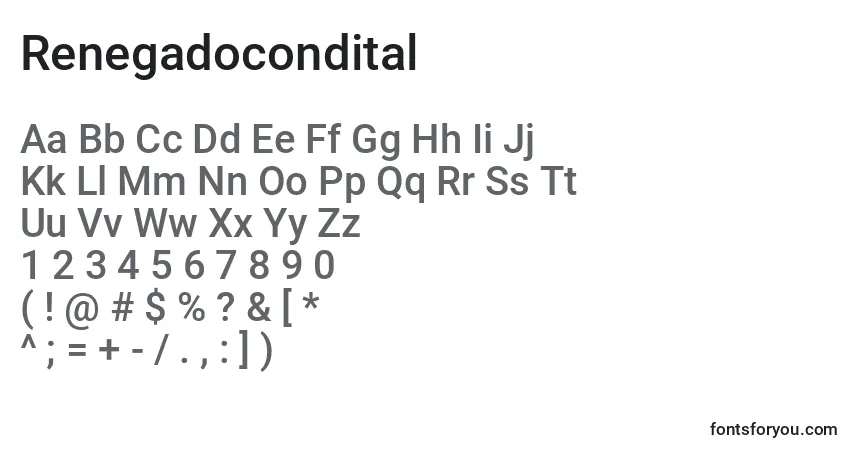 Schriftart Renegadocondital – Alphabet, Zahlen, spezielle Symbole