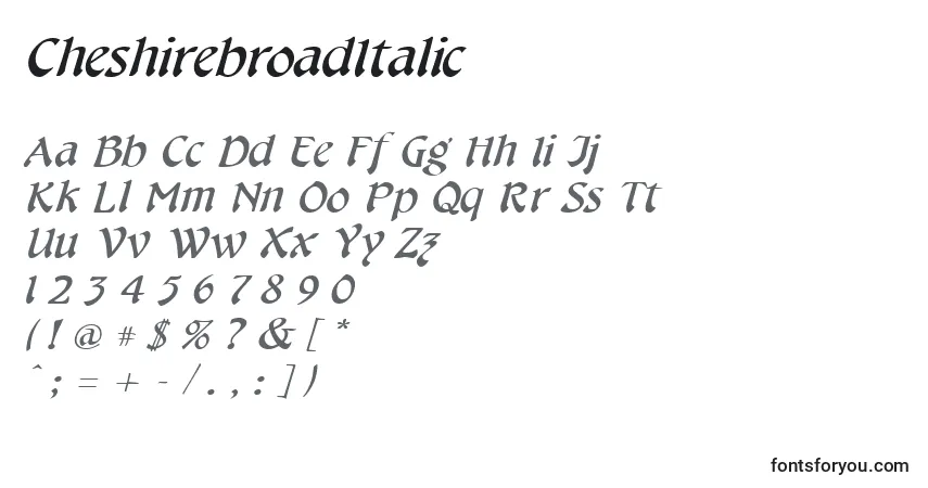 Шрифт CheshirebroadItalic – алфавит, цифры, специальные символы